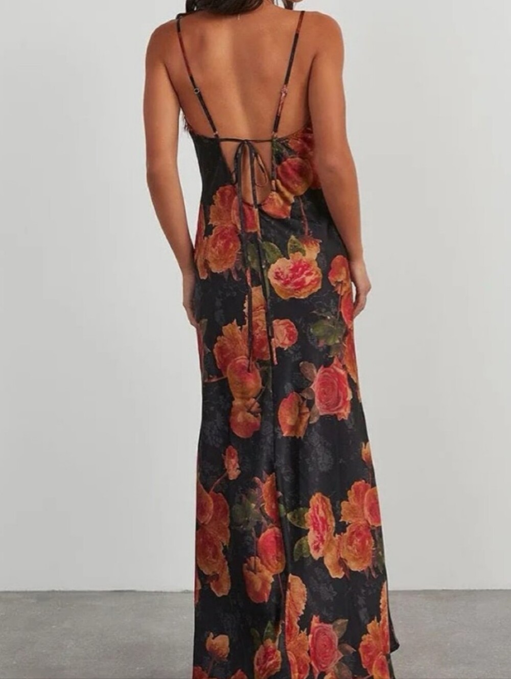12th Tribe Black Maxi Dress w/Orange Floral Print & sexy tie back sizeL NWTS - Picture 2 of 12
